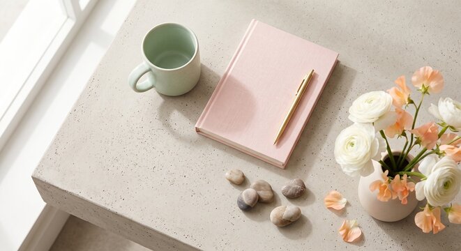 A serene desk setup features a pastel mug, a pink notebook with a pen, and a vase of white and peach flowers. The arrangement creates a calming and elegant workspace atmosphere.