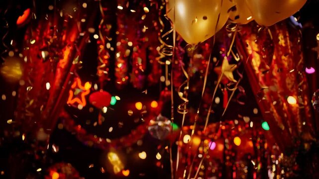 Golden balloons and falling confetti in a dark New Year's Eve party hall