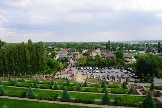 View of the parking lot with cars and green coniferous trees.