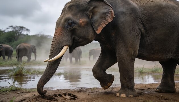 Stepping adult elephant lifting front leg at water edge, with tusks, trunk touching muddy prints
