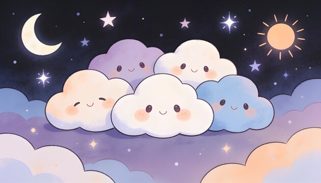 Clustering six smiling clouds forming pastel group in starry sky, with moon sun layered clouds