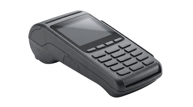 Modern POS terminal for electronic payments, black credit card machine on white background, retail banking hardware for secure financial transactions