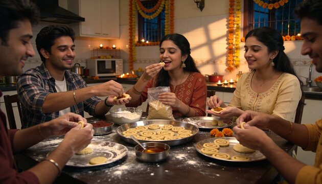 Preparing five Indian adults in kurtas and shirts assembling spiral pastries in kitchen, with trays