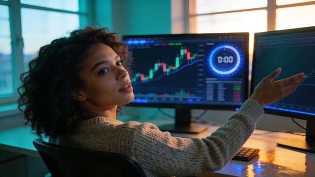 Pointing woman wearing sweater analyzing trading charts at home desk near window, with two monitors