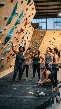 Woman pointing at climbing holds on indoor bouldering gym wall with friends looking up attentively. Group of female athletes sharing bouldering tips near thick crash pads.