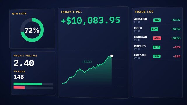 Trading profit and loss dashboard with growing equity curve, win rate donut, profit factor and trade log, gold and dark finance animation