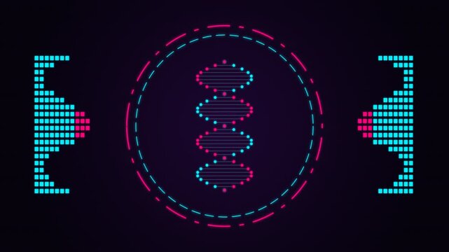 Digital DNA helix double strand animation with retro pixel glitch effects on dark background.