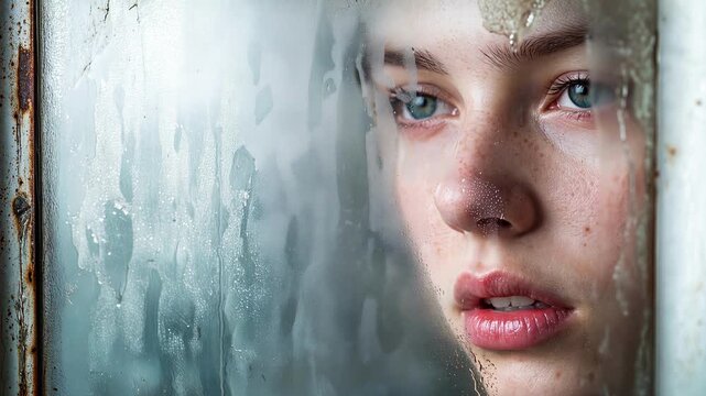 Pensive young woman looking through condensation on window. Close-up of face behind wet glass with subtle camera tilting.