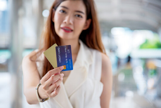 Close up businesswoman hand shopping using credit card online shop website laptop e-commerce website. Shopaholic person Women hands smart purchase. Digital payment women shopping online credit card