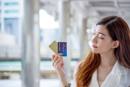 Close up businesswoman hand shopping using credit card online shop website laptop e-commerce website. Shopaholic person Women hands smart purchase. Digital payment women shopping online credit card