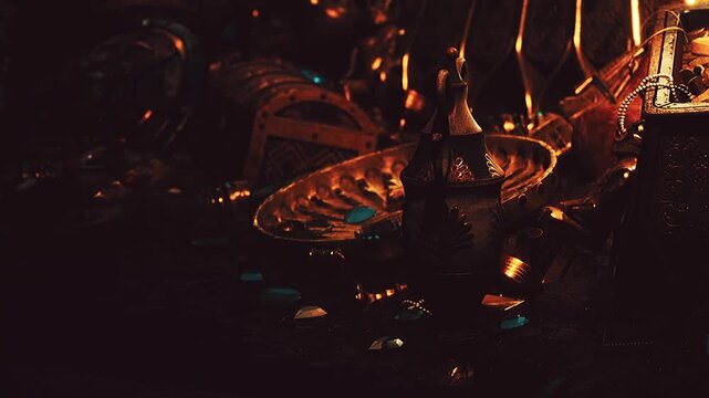 Antique metal artifacts rest inside a dark cavernous space at night while golden light shines upon ornate plates and vessels reflecting deep shadows among scattered precious jewels and riches