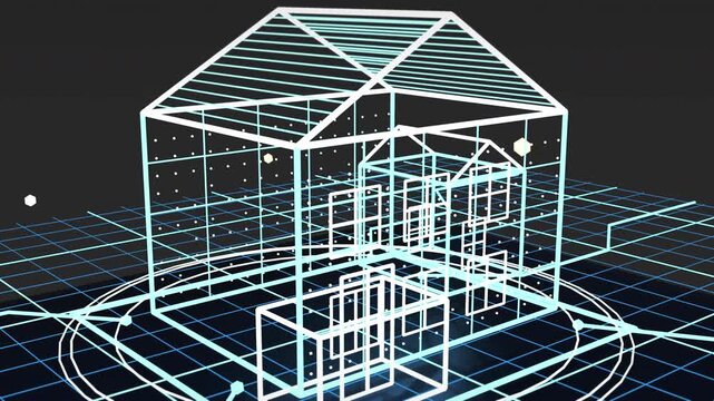 Wireframe smart house assembles across a luminous grid, revealing rooms and structural data in a futuristic cinematic view for architecture and innovation advertising
