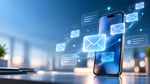 Modern smartphone on office desk with glowing blue holographic email envelope icons and digital message notifications floating in virtual network