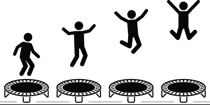 Sequence illustration of black stick figure jumping increasingly higher on trampolines representing growth progress and active fun