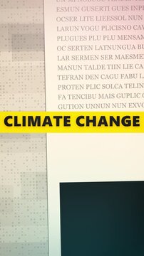 Climate change title appears among scrolling data lines and percentage indicators in a dark cinematic vertical animation for environmental campaigns, mobile ads, and social media.