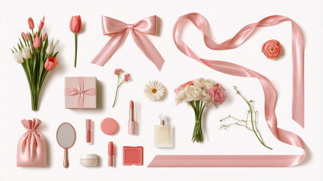 legant flat lay composition of pink cosmetics makeup gift box silk ribbons fresh tulip flowers handheld mirror perfume bottle arranged neatly on clean white background top view beauty concept