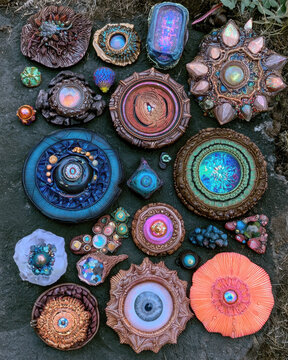 mystical hand crafted polymer clay eye amulets fantasy resin cabochons cosmic jewelry collection flat lay view magical sacred geometry art pieces with shimmering iridescence on dark stone surface