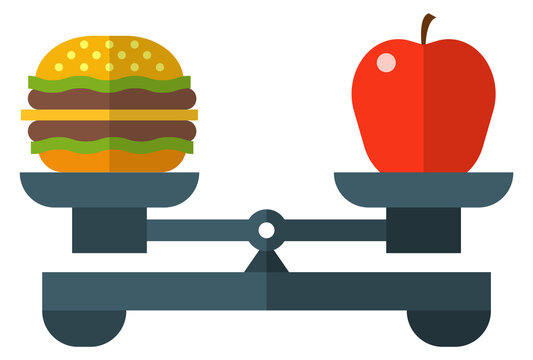 Healthy and unhealthy food choice. Balance scales with burger and apple