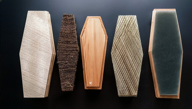 Various wooden coffin and casket samples arranged on a dark surface, showcasing different textures and wood grains.