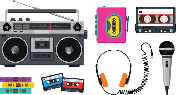 Retro eighties vintage audio music equipment vector illustration featuring boombox cassette player headphones microphone and compact tapes collection