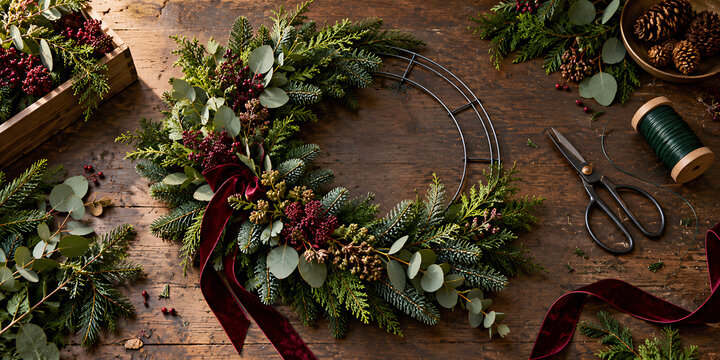 Partially Finished Festive Wreath with Florist Tools on a Wooden Workbench