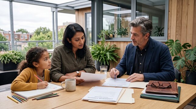 Small Business Owner and Broker Reviewing Insurance Policy with Child Present