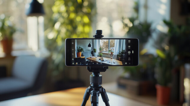 Smartphone on Tripod Capturing Indoor Green Plants in Natural Light
