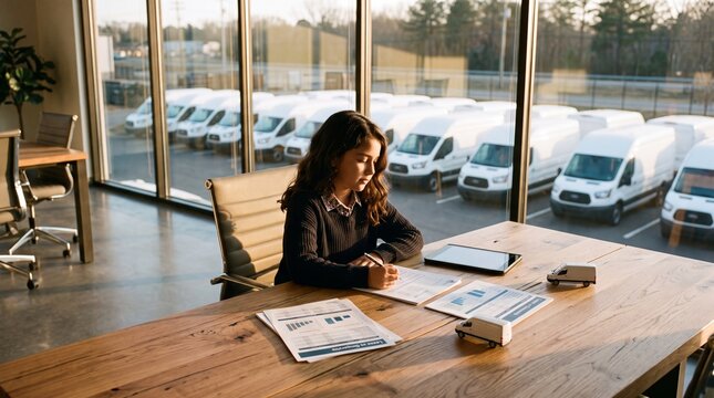 Young Hispanic Girl Observing Commercial Fleet Operations In Sunlit Office
