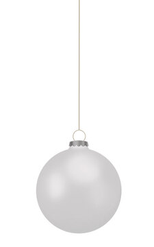 Silver White Christmas Bauble Hanging On Thin String Isolated. Ideal for Seasonal Holiday Graphics and Festive Decorations