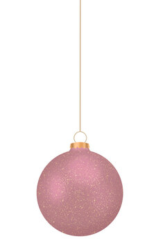 Glittering Pink Rose Gold Christmas Bauble Ornament Hanging On Gold String. Ideal for Seasonal Holiday Graphics and Festive Decorations