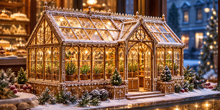 Elaborate Gingerbread Greenhouse with Sugar Windows in a Christmas Bakery Display
