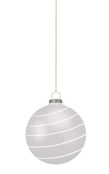 Silver Christmas Bauble With White Swirl Patterns Hanging On Transparent Background. Ideal for Seasonal Holiday Graphics and Festive Decorations