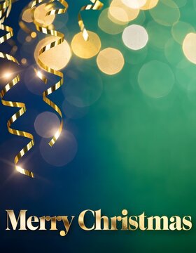Festive streamers and bokeh for Christmas holiday greetings.