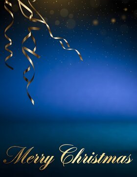 Blue bokeh and golden streamers for Christmas greetings.