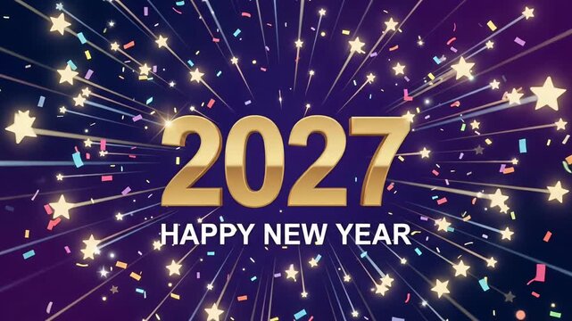 2027 New Year Gold Number with Fireworks and Confetti Explosion, Motion Graphic Background
