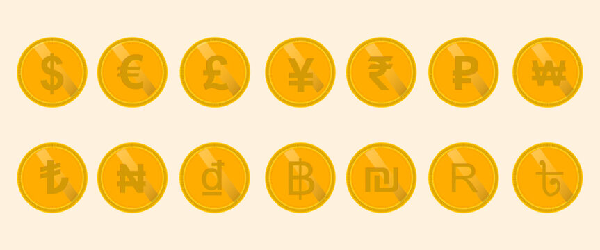 Golden Currency Symbols Coins Vector Set, International Money Signs Dollar Euro Pound Yen Rupee and Global Finance Icons