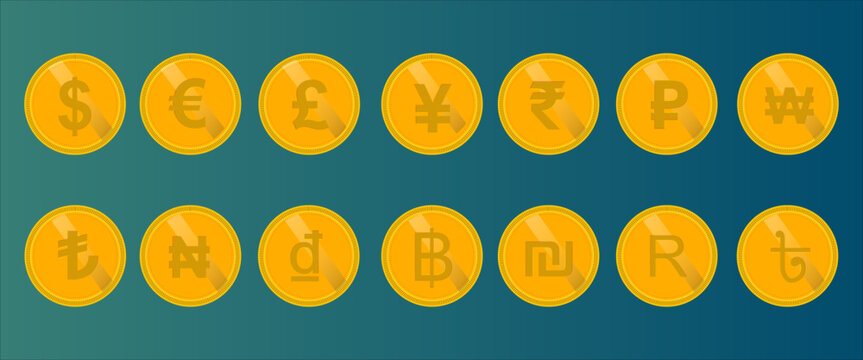 Golden Currency Symbols Coins Vector Set, International Money Signs Dollar Euro Pound Yen Rupee and Global Finance Icons