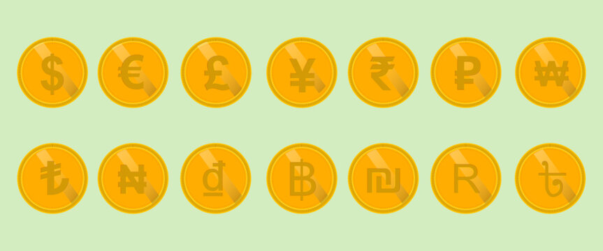 Golden Currency Symbols Coins Vector Set, International Money Signs Dollar Euro Pound Yen Rupee and Global Finance Icons