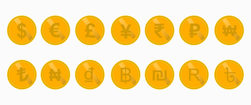 Golden Currency Symbols Coins Vector Set, International Money Signs Dollar Euro Pound Yen Rupee and Global Finance Icons