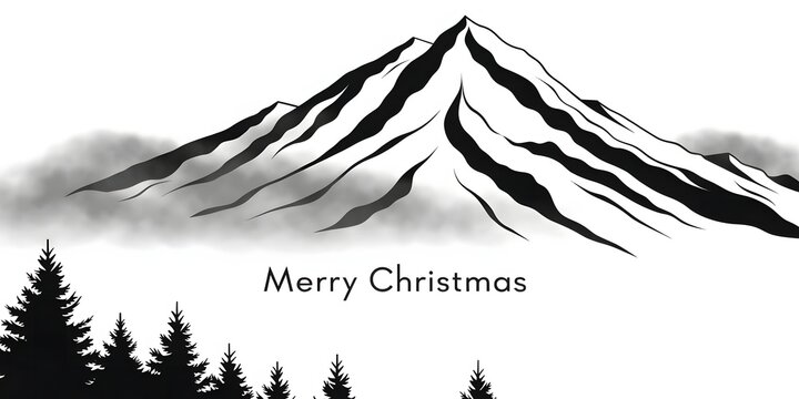 Merry christmas text and mountain sketch.