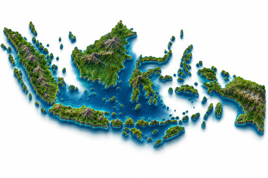3D topographic map of Indonesia archipelago on white background