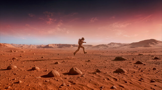 Lone explorer running across red desert landscape. Astronaut makes low gravity jumps on surface of planet similar to Mars during interplanetary mission.