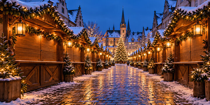 Empty Christmas Market with Wooden Stalls and Warm Holiday Lights