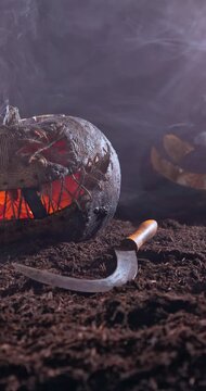 A spooky glowing pumpkin with chopper head-first at night.