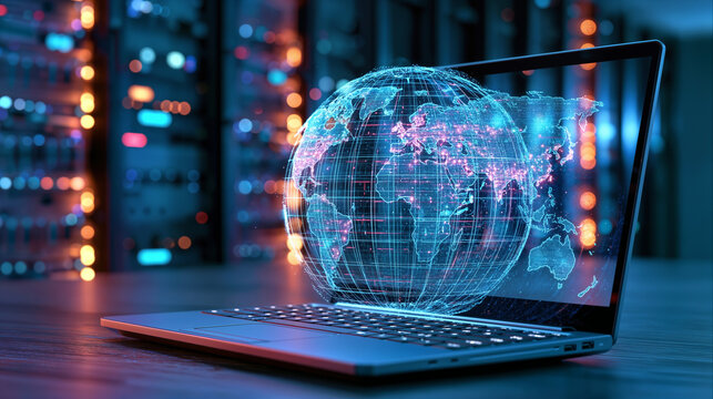 Glowing hologram of world globe floating above laptop keyboard in modern server room datacenter.