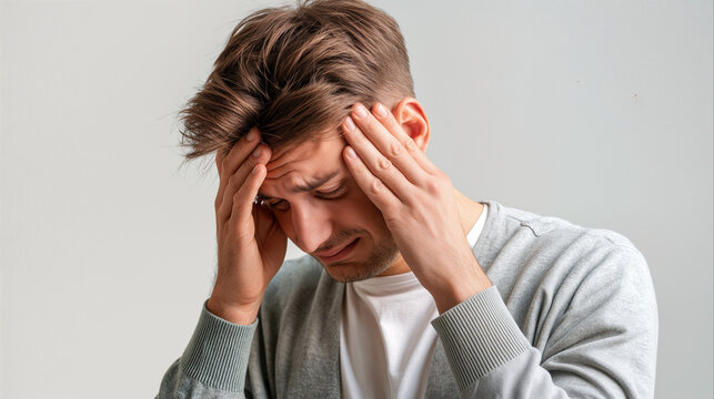 Throbbing migraine and unbearable psychological distress tormenting young man touching temples in painful anguish