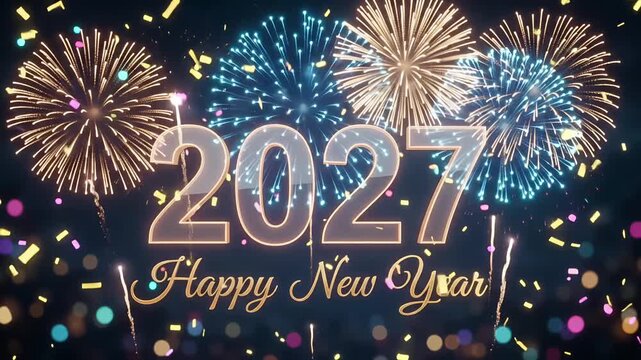 2027 Happy New Year Glass Number with Fireworks Explosion, Celebration 3D Render Loop
