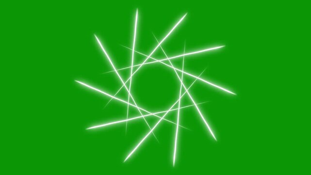Glowing white line burst forms a spinning circular pattern with radial streaks shrink and expand on green background, dynamic circle blast transition effect for cinematic edits. 4k vedio overlye