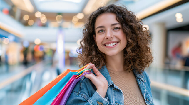 Radiant consumer satisfaction and delight as young woman carries colorful paper shopping bags through modern retail mall