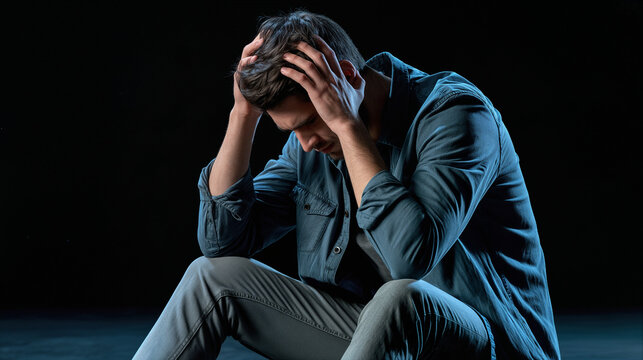 Despair and burnout affecting young adult man holding head in hands while sitting in dark room. Mental health crisis concept.